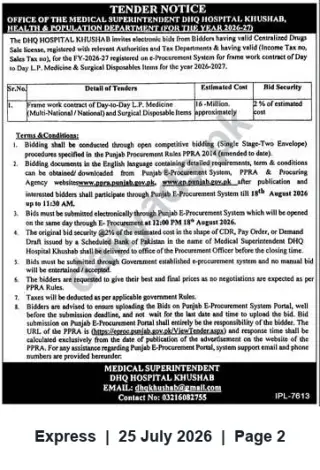 Newspaper clipping: Tender: Framework Contract for Day-to-Day L.P. Medicines & Surgical Disposables — DHQ Hospital Khushab (FY 2026-27), Express, 25 Jul 2026