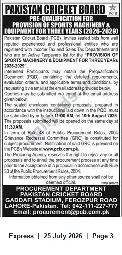 Newspaper clipping: PCB Pre-Qualification: Supply of Sports Machinery & Equipment (2026–2029) — Deadline 2026-08-10, Express, 25 Jul 2026