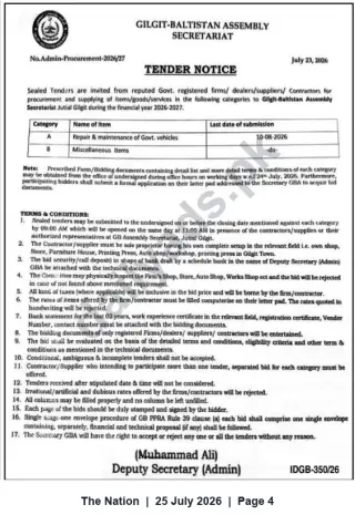 Newspaper clipping: Gilgit-Baltistan Assembly Secretariat Tender Notice – Vehicle Repair & Miscellaneous Supplies (Submission by 2026-08-10), The Nation, 25 Jul 2026