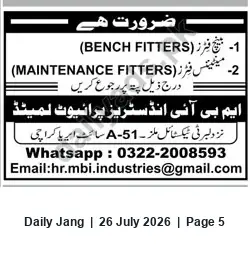 Newspaper clipping: MBI Industries (Karachi) Hiring Bench Fitters and Maintenance Fitters, Jang, 26 Jul 2026