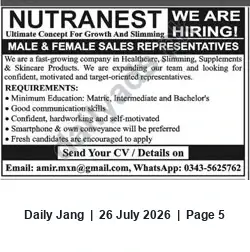 Newspaper clipping: Sales Representatives (Male & Female) – Nutranest (Healthcare & Slimming Products), Jang, 26 Jul 2026