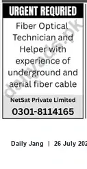 Newspaper clipping: NetSat Private Limited Hiring Fiber Optical Technician & Helper, Jang, 26 Jul 2026