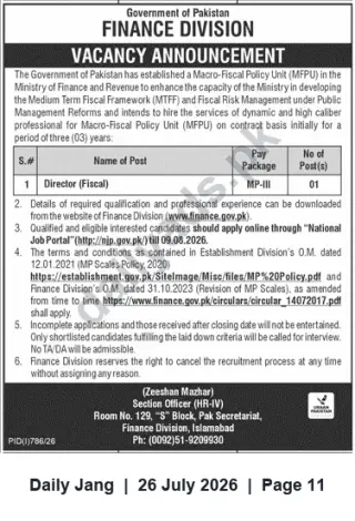 Newspaper clipping: Finance Division (MFPU) Vacancy: Director (Fiscal) — 3-Year Contract, Islamabad, Jang, 26 Jul 2026