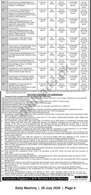 Newspaper clipping: C&W Division Lakki Marwat Tender: Rehabilitation & Construction of Multiple Roads (Bids Close 2026-08-11), Daily Mashriq, 26 Jul 2026