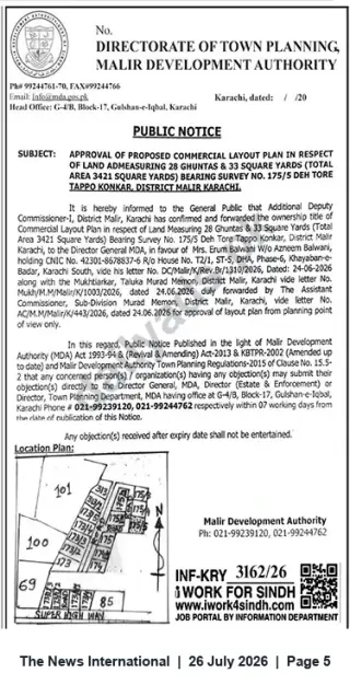Newspaper clipping: Public Notice: Approval of Commercial Layout Plan for 3,421 sq.yds (Tappo Konkar), Malir Karachi, The News International, 26 Jul 2026