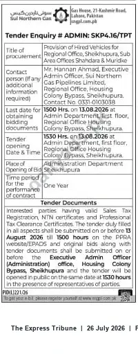 Newspaper clipping: Tender for Provision of Hired Vehicles for Sui Northern Gas Regional Office Sheikhupura (Tender # ADMIN: SKP4.16/TPT), The Express Tribune, 26 Jul 2026