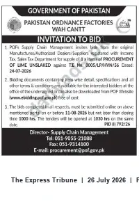 Newspaper clipping: POFs Tender: Procurement of Lime (Unslaked) — T.E No. 0005/LP/HVN/56, The Express Tribune, 26 Jul 2026