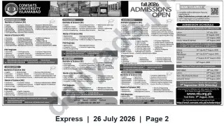Newspaper clipping: COMSATS University Islamabad — Fall 2026 Admissions Open (Multiple Campuses), Express, 26 Jul 2026