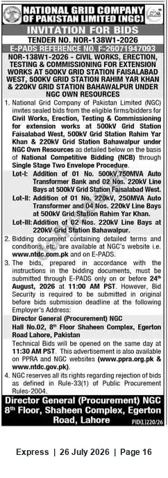 Newspaper clipping: NGC Invitation for Bids — Civil Works for Extension at 500kV/220kV Grid Stations (Faisalabad, Rahim Yar Khan, Bahawalpur), Express, 26 Jul 2026