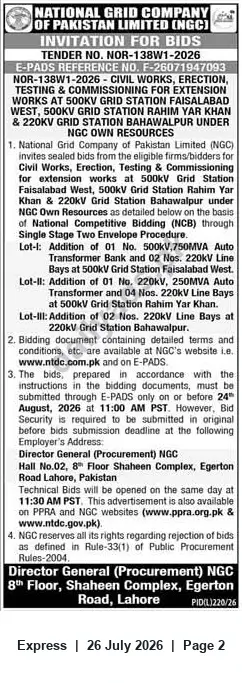 Newspaper clipping: NGC Tender NOR-138W1-2026: Civil Works, Erection, Testing & Commissioning for Extensions at 500kV/220kV Grid Stations (Faisalabad, Rahim Yar Khan, Bahawalpur), Express, 26 Jul 2026