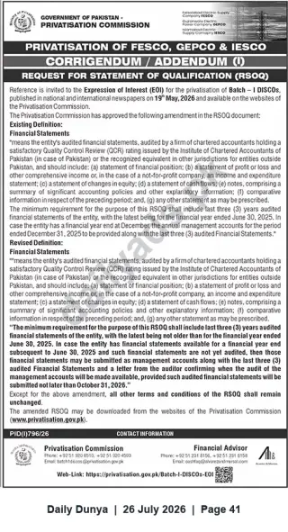 Newspaper clipping: Privatisation Commission Corrigendum: RSQO for FESCO, GEPCO & IESCO – Financial Statement Amendment, Dunya, 26 Jul 2026