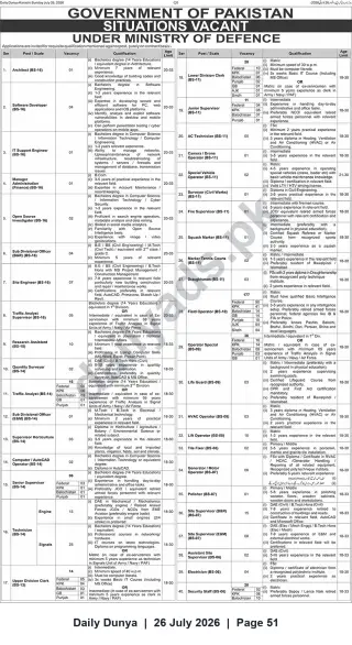 Newspaper clipping: Government of Pakistan — Ministry of Defence: Multiple Contract Vacancies (BS-16 to BS-06), Dunya, 26 Jul 2026