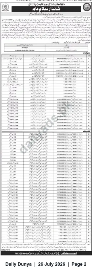 Newspaper clipping: Public Auction Notice — Matrooka (Evacuee) Property Board: Multiple Property Lots, Dunya, 26 Jul 2026