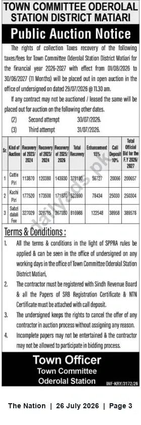 Newspaper clipping: Public Auction: Collection Rights of Taxes/Fees — Town Committee Oderolal Station (Matiari) FY 2026-27, The Nation, 26 Jul 2026