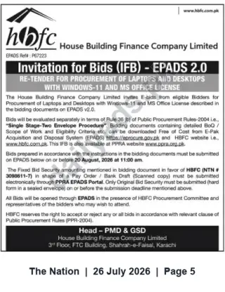 Newspaper clipping: HBFC Re-tender: Procurement of Laptops & Desktops with Windows 11 and MS Office (EPADS 2.0), The Nation, 26 Jul 2026