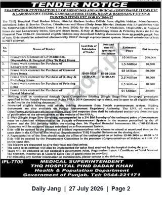 Newspaper clipping: Tender Notice — Framework Contracts for Medicines, Surgical, Laboratory, X-Ray, Printing & Dental Items — THQ Hospital Pind Dadan Khan, Jang, 27 Jul 2026