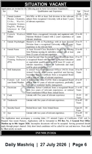 Newspaper clipping: Multiple Vacancies at Semi-Government Department in Mardan — Teaching, Medical, Technical & Support Staff, Daily Mashriq, 27 Jul 2026
