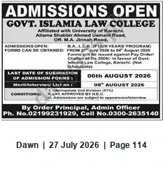 Newspaper clipping: Admissions Open — Govt. Islamia Law College, Karachi — B.A., LL.B. (4-Year Program), Dawn, 27 Jul 2026