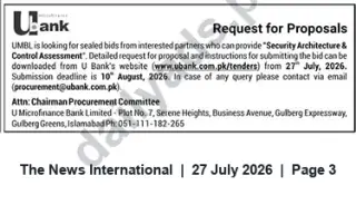 Newspaper clipping: U Microfinance Bank RFP — Security Architecture & Control Assessment (submit by 10 Aug 2026), The News International, 27 Jul 2026