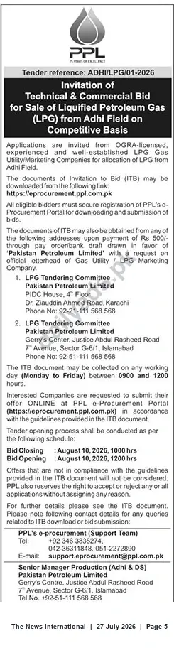 Newspaper clipping: PPL Invitation to Bid for Sale of LPG from Adhi Field (Tender Ref: ADHI/LPG/01-2026), The News International, 27 Jul 2026