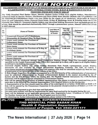 Newspaper clipping: THQ Hospital Pind Dadan Khan — Framework Contract Tenders for Medicines, Surgical, Lab, X-Ray, Printing & Stores (FY 2026-27), The News International, 27 Jul 2026