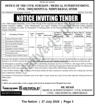 Newspaper clipping: Tender Notice: Procurement for DHQ/Civil Hospital Mirpurkhas (FY 2026-27), The Nation, 27 Jul 2026
