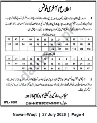Newspaper clipping: Final Notice — Market Committee: Outstanding Dues on Stalls / Imminent Action (Lahore), Nawa-i-Waqt, 27 Jul 2026