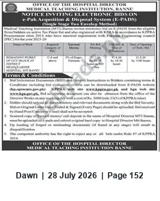 Newspaper clipping: Electronic Bids Invited — Medical Teaching Institution Bannu (E-PADS, Single-Stage Two-Envelope), Dawn, 28 Jul 2026