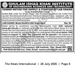 Newspaper clipping: GIKI Tender: Supply & Fixation of 50 Lab Chairs (Model SAAB S-508 / Equivalent), The News International, 28 Jul 2026