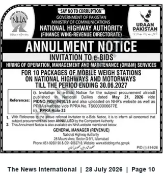 Newspaper clipping: NHA Annuls e-Bids for OM&M Services for 10 Mobile Weigh-Station Packages, The News International, 28 Jul 2026