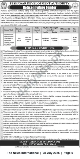 Newspaper clipping: PDA Tender: Construction of Padel Court & Allied Works — Mini Sports Complex Phase III, Hayatabad, The News International, 28 Jul 2026