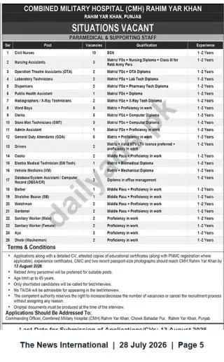 Newspaper clipping: CMH Rahim Yar Khan — Paramedical & Supporting Staff Vacancies (Multiple Posts), The News International, 28 Jul 2026