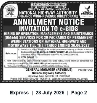 Newspaper clipping: NHA Annuls e-Bids for OM&M Services for 39 Permanent Weigh Stations, Express, 28 Jul 2026