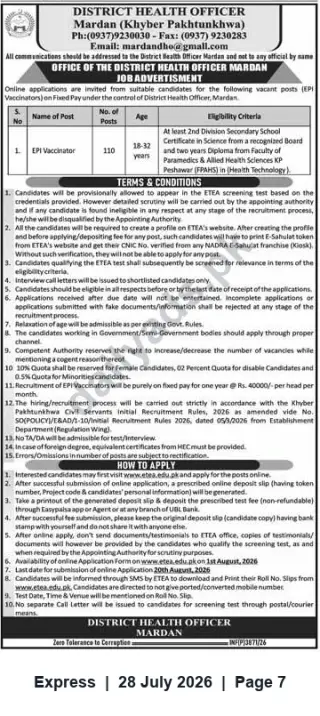 Newspaper clipping: District Health Officer Mardan — 110 EPI Vaccinator Vacancies (Fixed Pay), Express, 28 Jul 2026