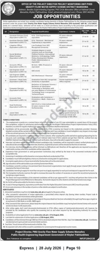 Newspaper clipping: Job Opportunities — PMU Gravity Flow Water Supply Scheme, District Mansehra (PHED), Express, 28 Jul 2026