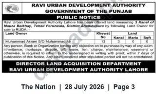Newspaper clipping: RUDA Public Notice — Offered 3-Kanal Land in Mauza Balkhay, Tehsil Ferozwala (Sheikhupura), The Nation, 28 Jul 2026