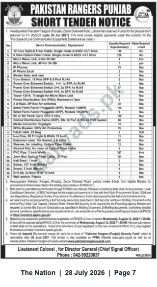 Newspaper clipping: Pakistan Rangers Punjab Short Tender Notice for Line Communication Equipment (FY 2026–27), The Nation, 28 Jul 2026