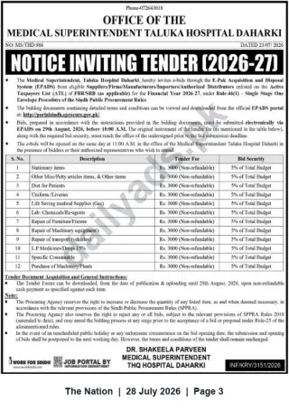 Newspaper clipping: Tender Notice 2026-27 – Medical Supplies, Repairs & Consumables | Taluka Hospital Daharki, The Nation, 28 Jul 2026
