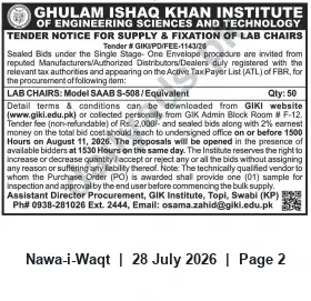 Newspaper clipping: GIK Institute Tender: Supply & Fixation of 50 Lab Chairs (Tender # GIKIPDIFEE-1143/26), Nawa-i-Waqt, 28 Jul 2026