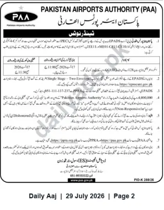 Newspaper clipping: Pakistan Airports Authority (PAA) Tender Notice — Single-Stage Two-Envelope Bids, Daily Aaj, 29 Jul 2026