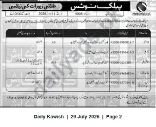 Newspaper clipping: Mobilink Bank Public Auction of Pledged Gold Jewellery — 2026-01-31, Daily Kawish, 29 Jul 2026