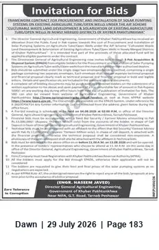 Newspaper clipping: Invitation for Bids — Director General Agricultural Engineering, Khyber Pakhtunkhwa, Dawn, 29 Jul 2026