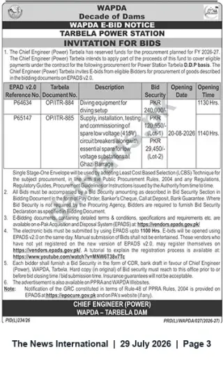 Newspaper clipping: WAPDA Tarbela Power Station E-Bid Notice — Supply & Diving Equipment Tenders, The News International, 29 Jul 2026