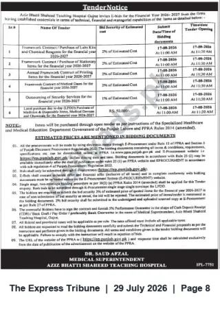 Newspaper clipping: Tender: Aziz Bhatti Shaheed Teaching Hospital Gujrat — Framework Contracts & Supplies FY 2026-27, The Express Tribune, 29 Jul 2026