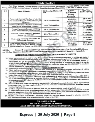 Newspaper clipping: Tender Notice: E-Bids for Framework Contracts & Supplies — Aziz Bhatti Shaheed Teaching Hospital, Gujrat (Closing 2026-08-17), Express, 29 Jul 2026