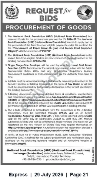 Newspaper clipping: NBF Request for Bids — Procurement of Local 68gsm Paper & Imported 210gsm Bleach Card (EPADS) — Islamabad, Express, 29 Jul 2026