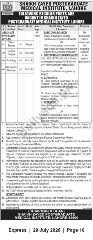 Newspaper clipping: Associate Professor (BPS-19) Vacancies – Shaikh Zayed Postgraduate Medical Institute, Lahore, Express, 29 Jul 2026