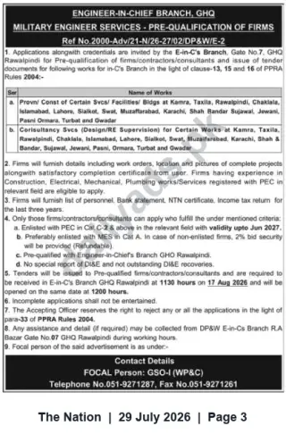 Newspaper clipping: MES (E-in-C GHQ) Pre-Qualification of Firms for Construction & Consultancy Works — Rawalpindi (Apply by 2026-08-17), The Nation, 29 Jul 2026