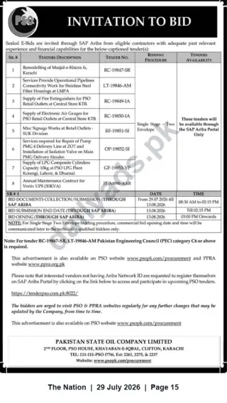 Newspaper clipping: PSO Invitation to Bid – Multiple Tenders (Submission Deadline: 2026-08-13), The Nation, 29 Jul 2026