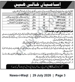 Newspaper clipping: Vacancies at Unit 167 — Multiple Support Staff Posts (BPS-1 to BPS-5), Nawa-i-Waqt, 29 Jul 2026